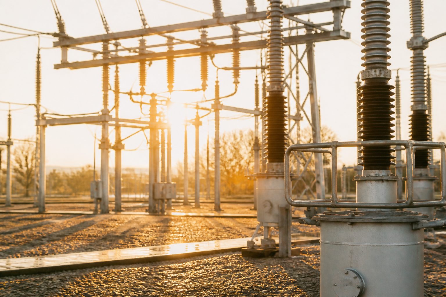 Electrical insulators and power lines at a substation in low sun.
